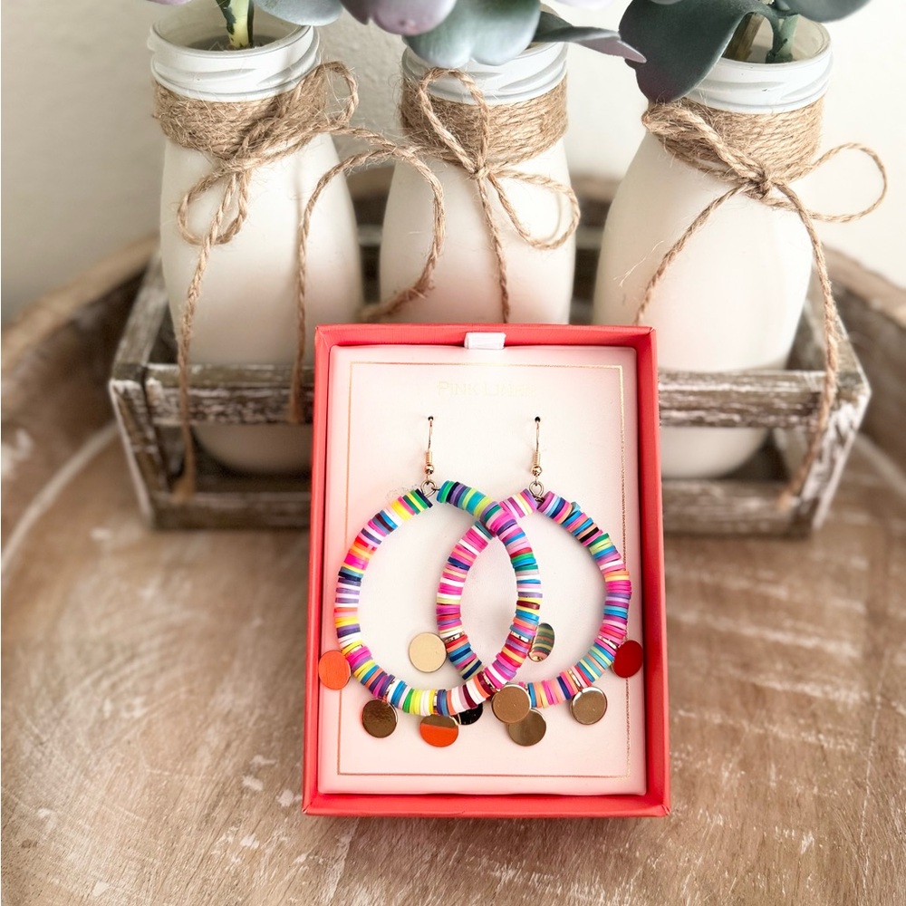 Pink Linen Colorful Beaded Hoop Earrings